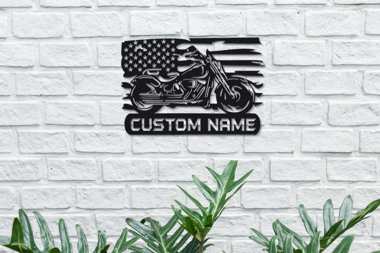 Customizable Metal Biker Sign with American Flag Detail