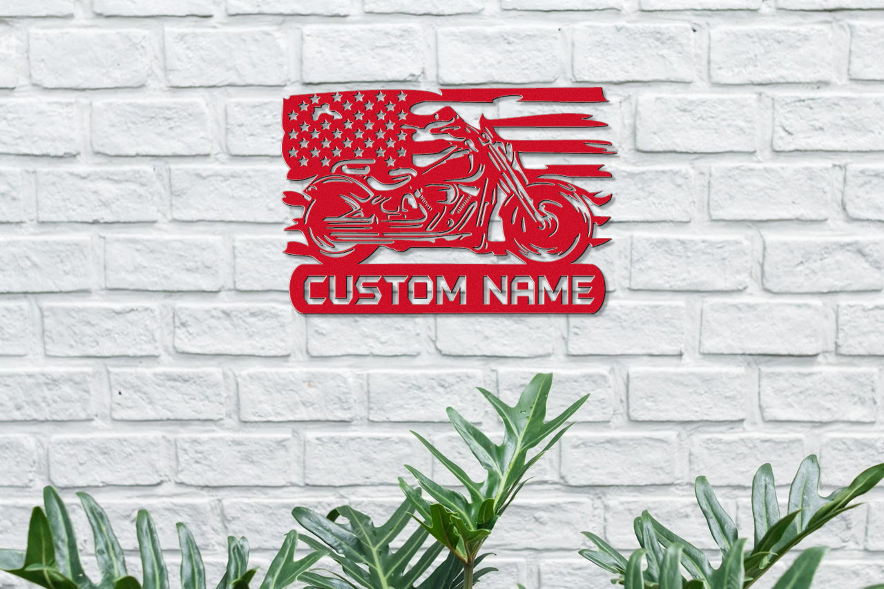 Customizable Metal Biker Sign with American Flag Detail